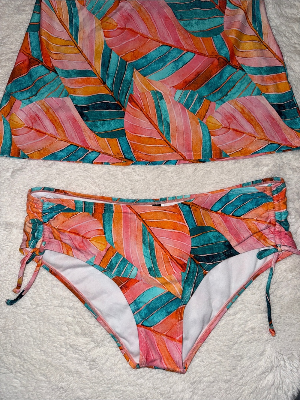 Tropical Leaf-Print Bikini Bottoms in Pink, Teal & Orange